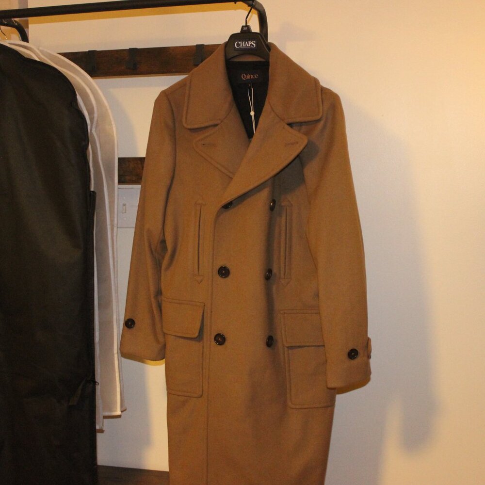 Quince Italian Wool Double-Breasted Officer Topcoat Dark Camel